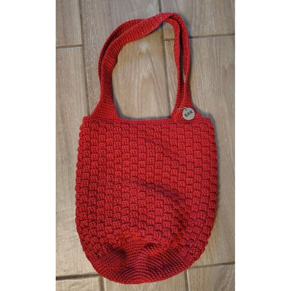 The Sak Red Crochet Purse Shoulder Bag, Double Handle, Snap Close Inner Pocket - Picture 1 of 7